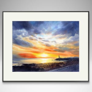 Dipinto di faro - Arte originale dell'alba con paesaggio marino, splendida decorazione nautica per la casa, regalo premuroso per gli amanti dell'oceano