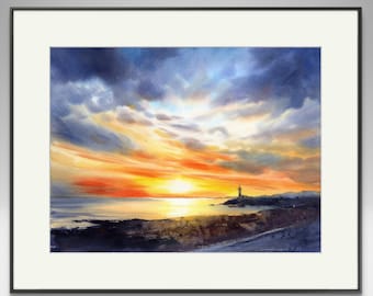 Dipinto originale ad acquerello raffigurante un faro: paesaggio marino all'alba (40,6 x 30,5 cm)