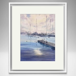 Dipinto ad acquerello originale Marina Art, decorazione da parete con scena marina tranquilla e serena, ideale come regalo per la casa costiera.