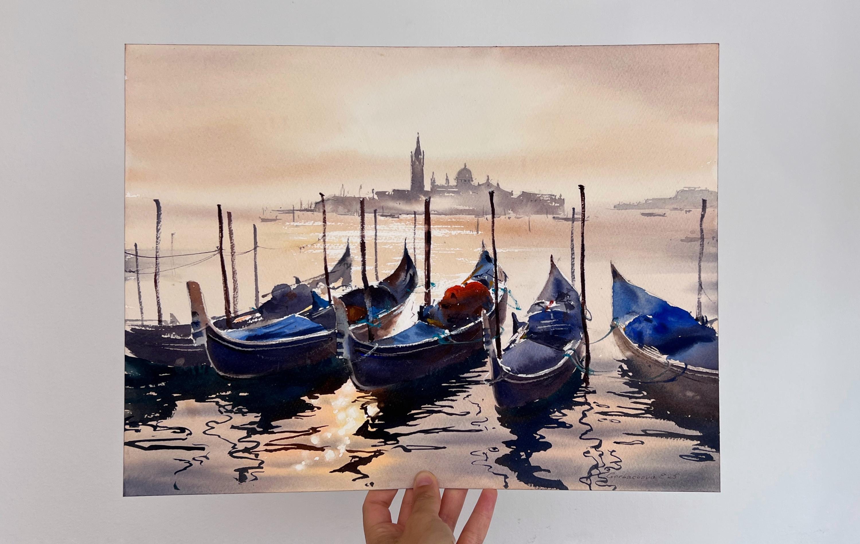 ヴェネツィアの水彩画：ゴンドラとスカイライン - イタリア印象派美術 