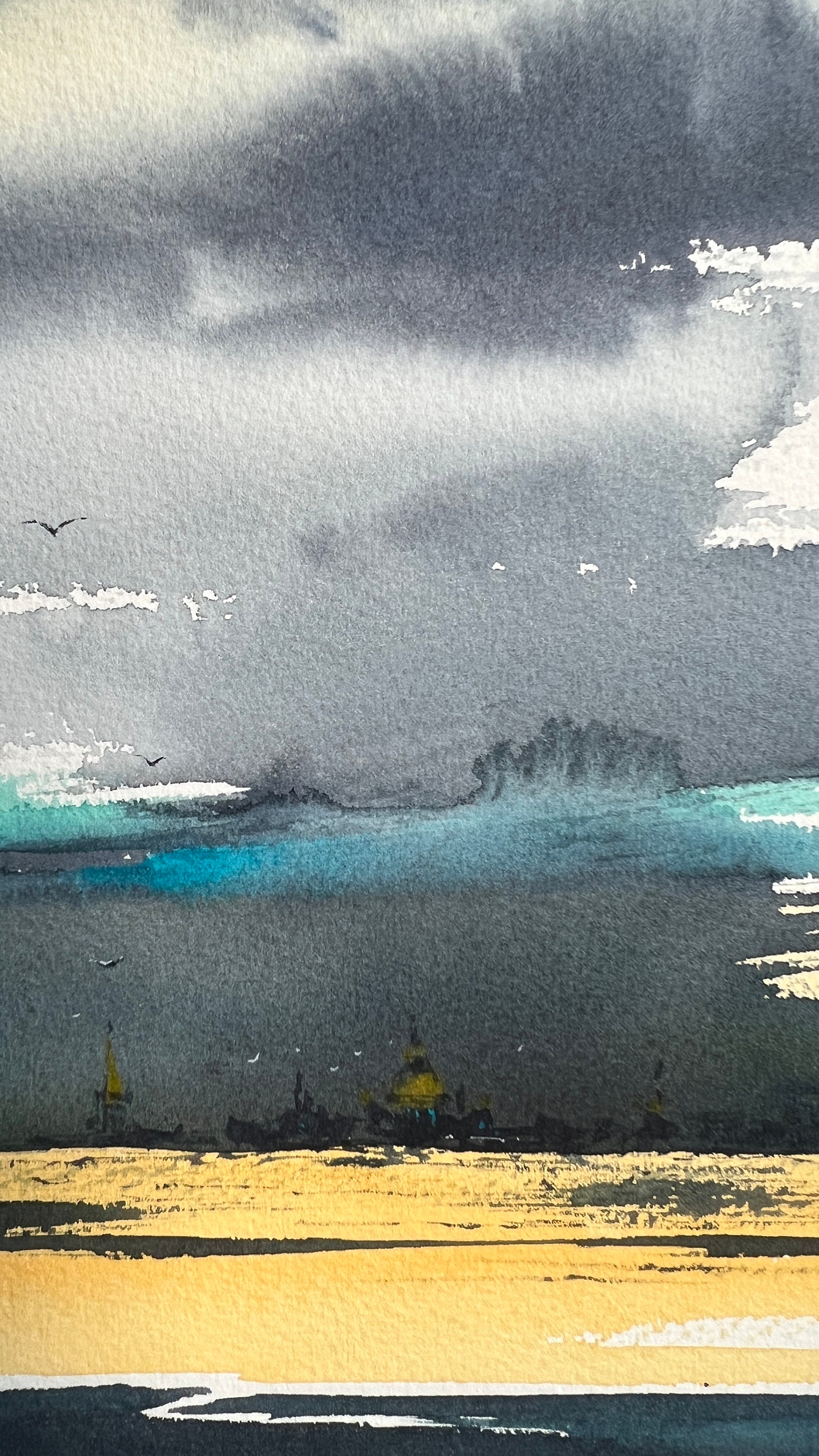 都市「絵画」 抽象的な都市の絵画、オリジナルの水彩画、スカイライン