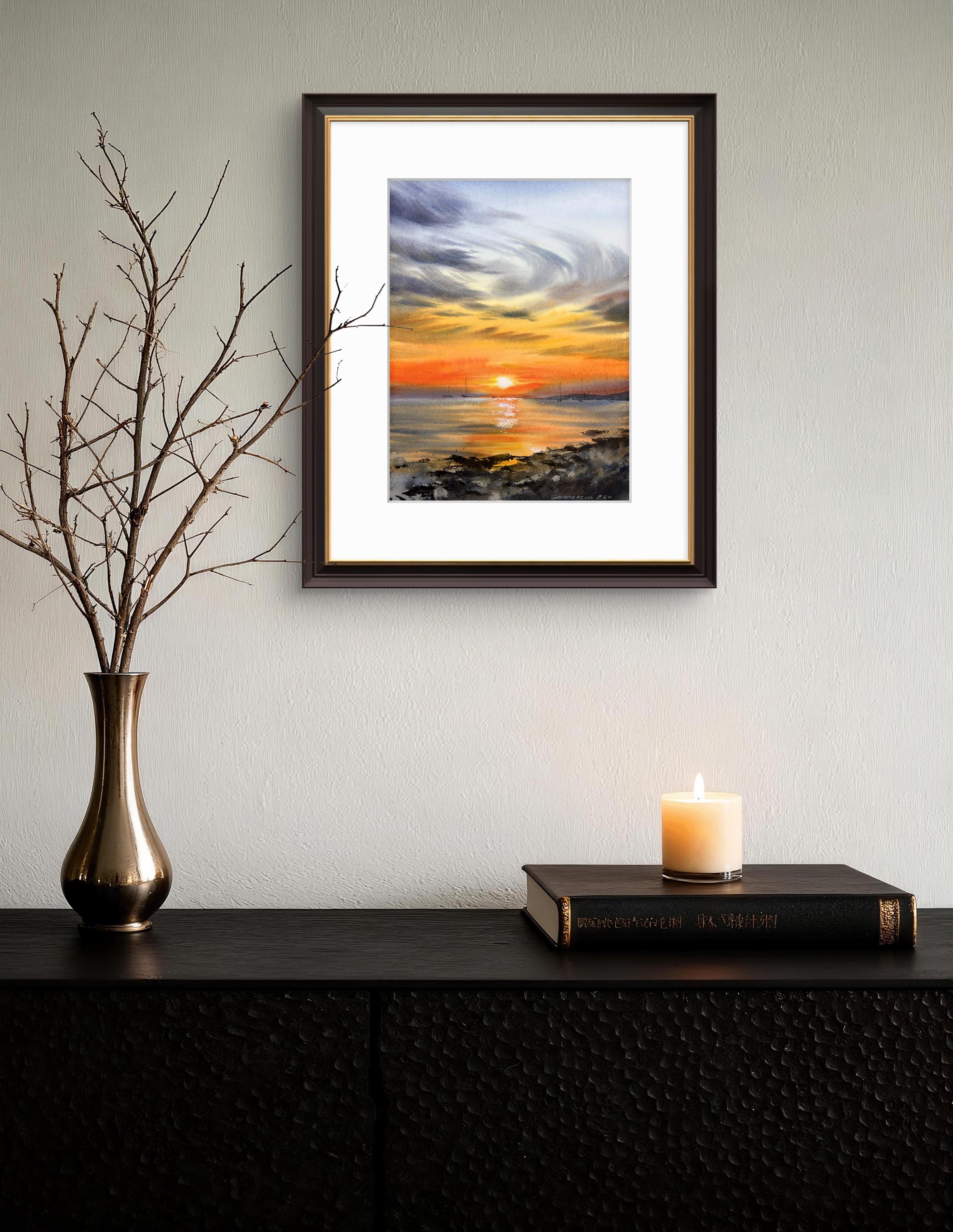Orange Sunset Coastal Yachts Watercolor Painting | Original Art