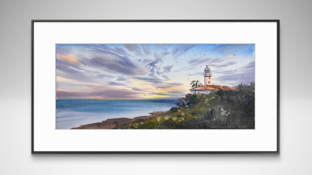 Coastal Lighthouse Watercolor Painting, Sunset Seascape Art (6x15 In ...