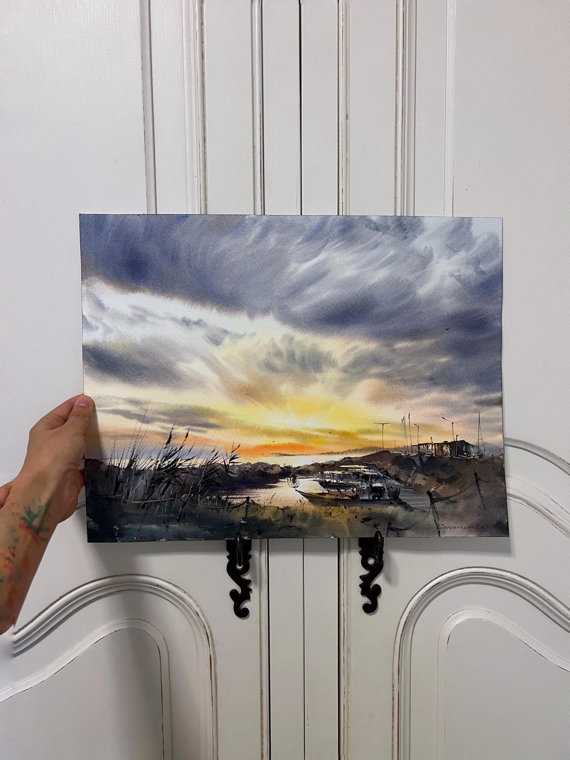 漁船桟橋の水彩画 - 黄色い夕焼けの風景 - オリジナル絵画 - Etsy 日本