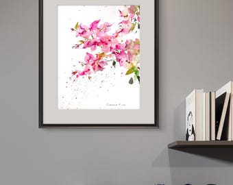 ブーゲンビリアの水彩画（オリジナル）：赤みがかったピンクの花の