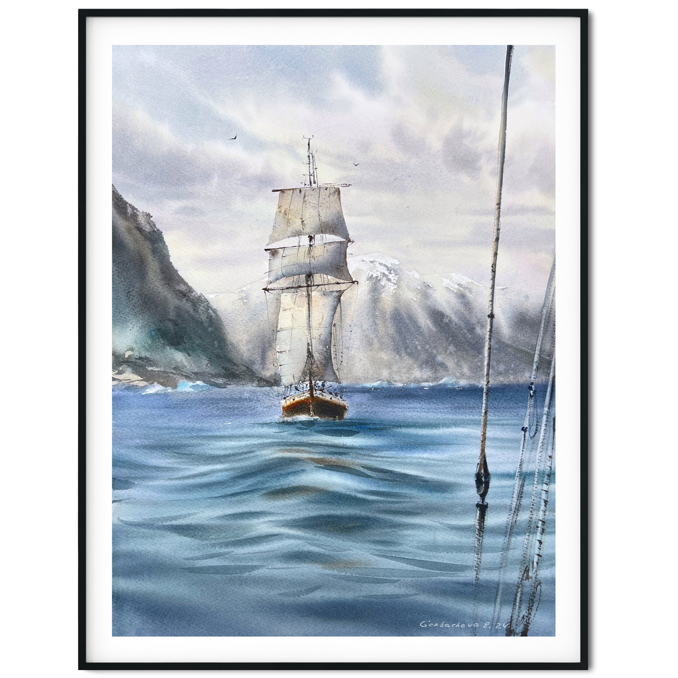 南極アドベンチャー：オリジナルの北極海風景水彩画、氷山の絵画、旅行