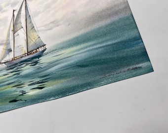 ヨットの水彩画：鮮やかな雲と海の風景、8x12インチの航海アート
