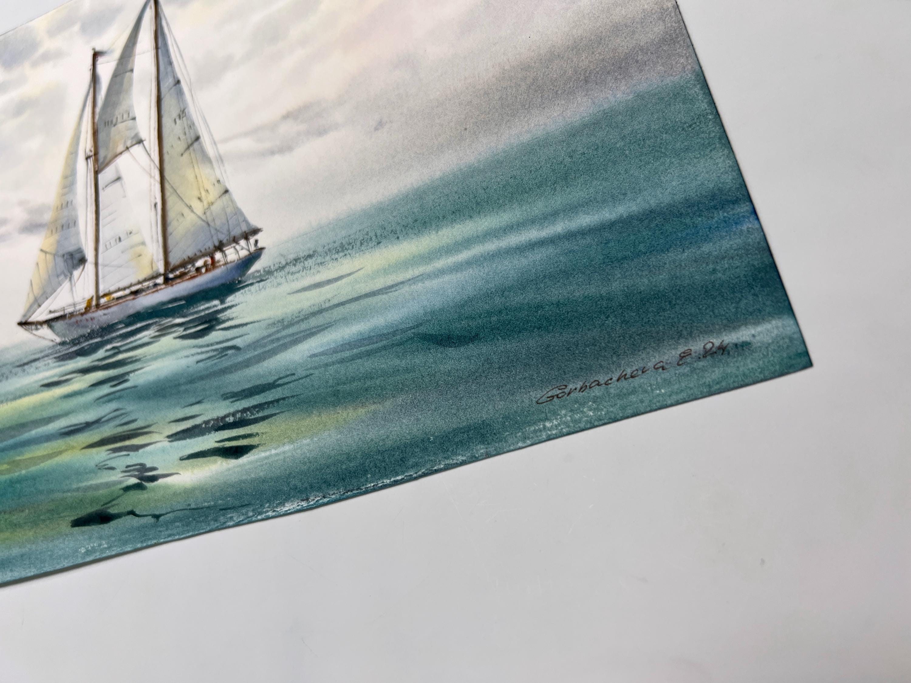 ヨットの水彩画：鮮やかな雲と海の風景、8x12インチの航海アート