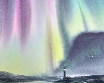 オーロラの冬の風景画　肉筆油彩画 オリジナル水彩画「オーロラの絵画：灯台の冬の風景」8x12インチの