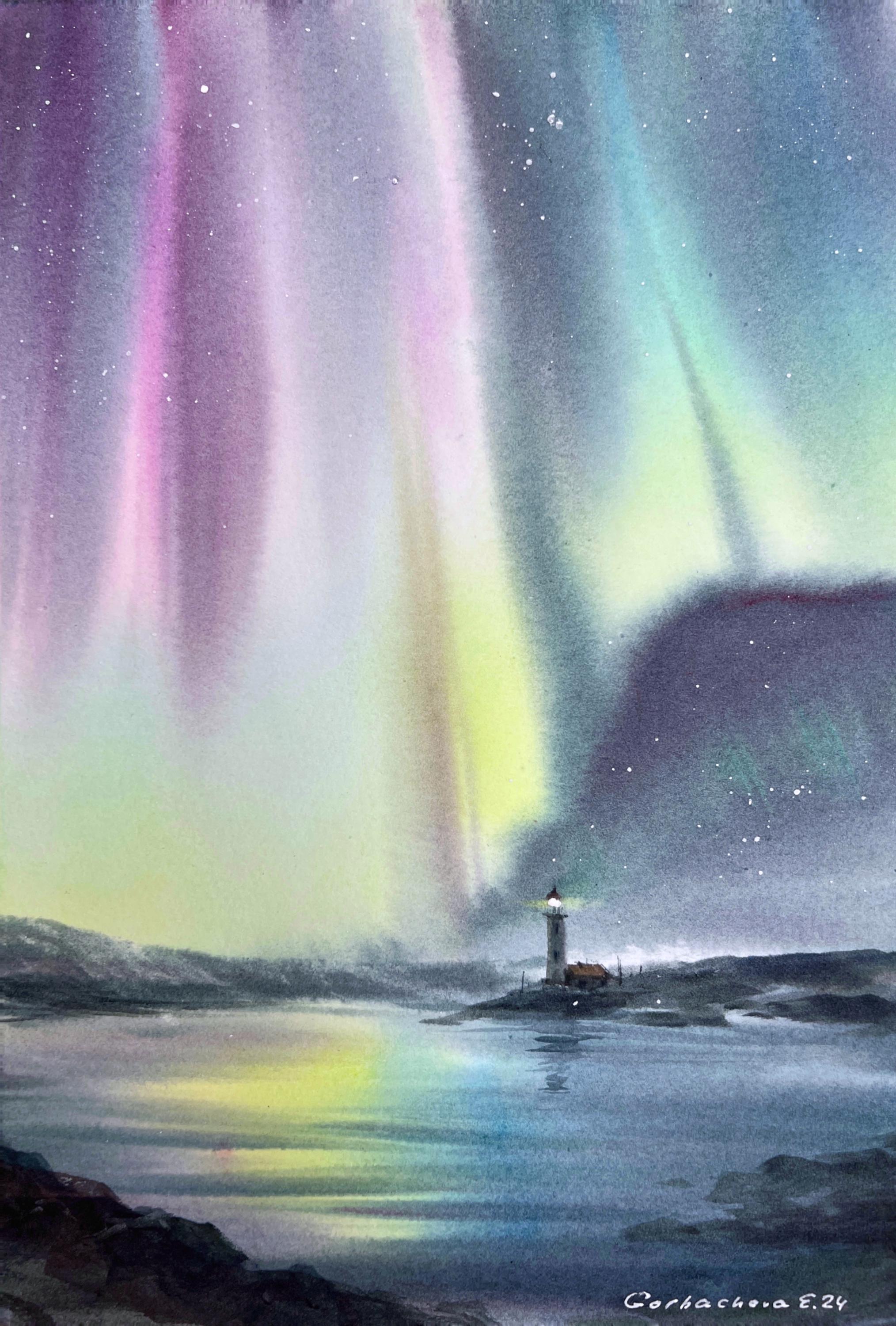 オリジナル水彩画「オーロラの絵画：灯台の冬の風景」8x12インチの