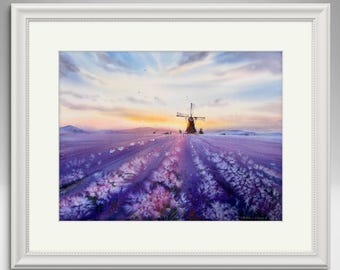 オリジナルのラベンダー畑の水彩画：プロヴァンスの風景画 - Etsy 日本