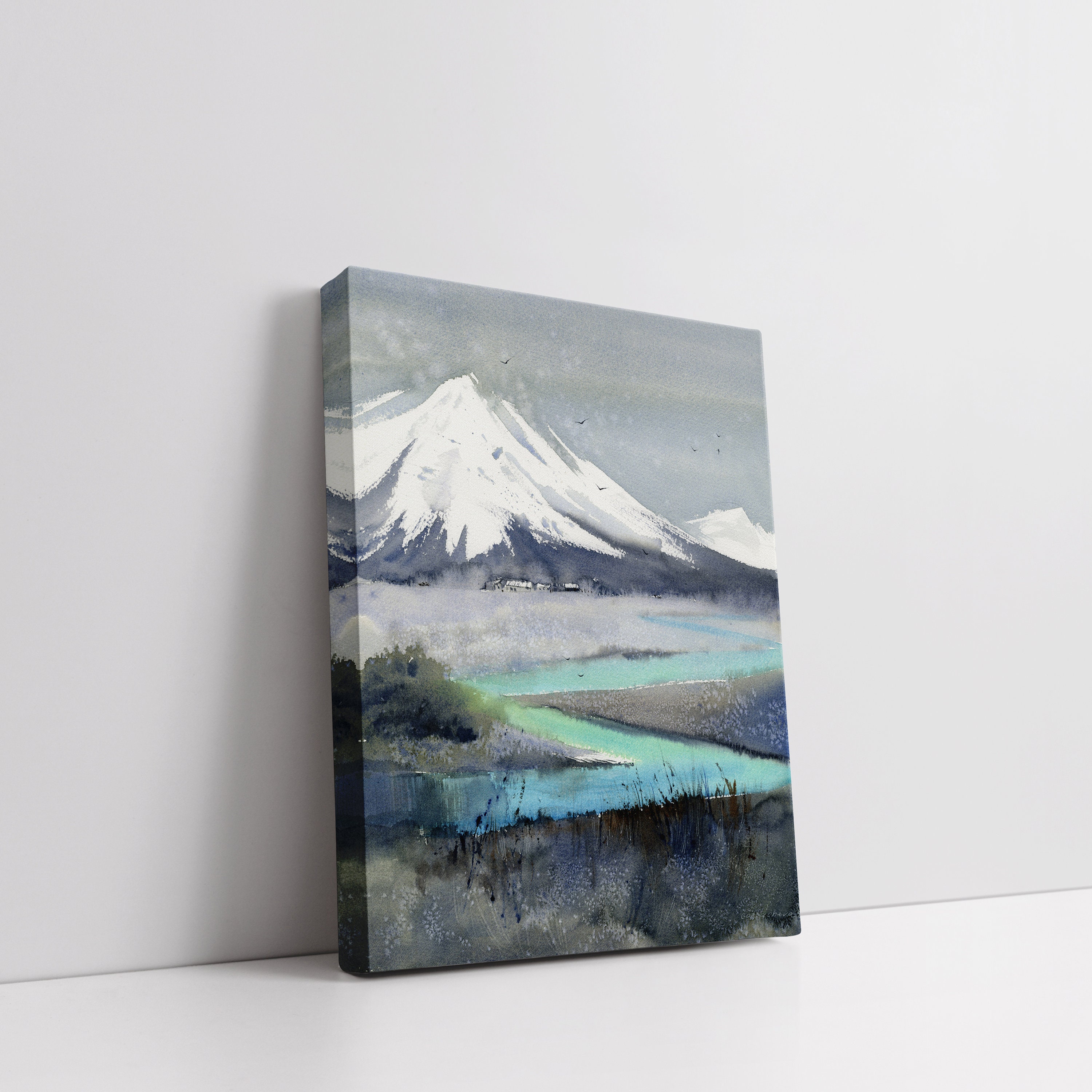 抽象的な山の水彩画：ターコイズブルーの川の風景画 - Etsy 日本