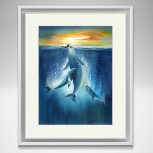 Aquarel walvisfamilie - nautische kunstafdruk voor kinderdagverblijf en woondecoratie