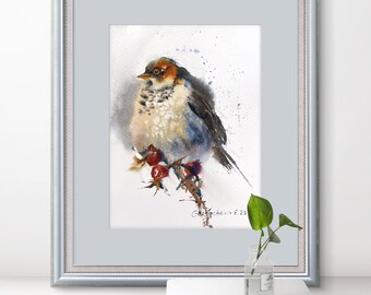 オリジナル水彩画「鳥の絵：灰色の鳥と赤いベリー」7x9インチ - Etsy 日本