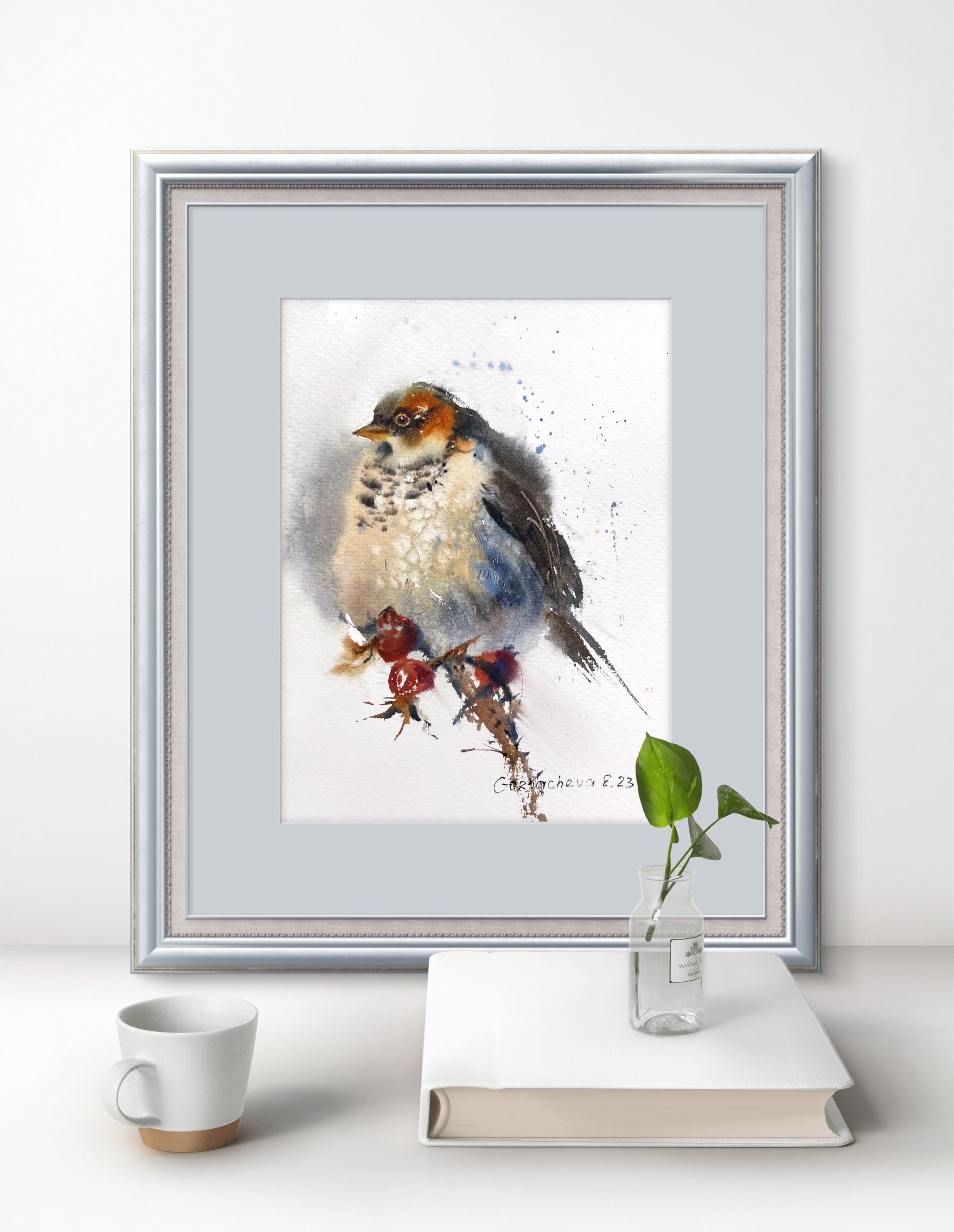 なでしこ　オリジナル水彩画 オリジナル水彩画「鳥の絵：灰色の鳥と赤いベリー」7x9インチ - Etsy 日本