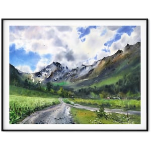 Impresión de acuarela con vista a la montaña - Arte de pino - Decoración verde para la sala de estar