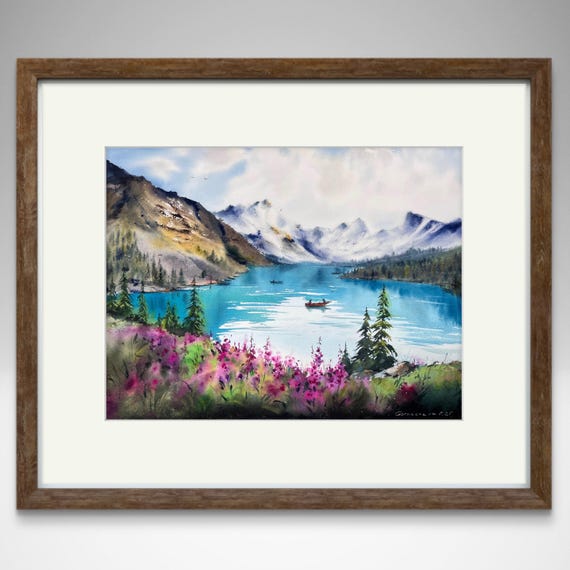 水彩画 山と湖の風景 丹沢湖からの眺望（水彩画） 丹沢湖からの