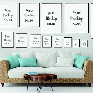May include: A living room interior design mockup featuring various sized picture frames with the text "Frame Mockup" and the corresponding dimensions in inches. The frames are hung on a light grey wall above a white couch with teal cushions. A wooden coffee table with a stack of books sits in front of the couch. A potted plant is on the right side of the image.