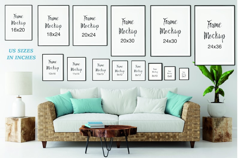 May include: A living room interior design mockup featuring various sized picture frames with the text "Frame Mockup" and the corresponding dimensions in inches. The frames are hung on a light grey wall above a white couch with teal cushions. A wooden coffee table with a stack of books sits in front of the couch. A potted plant is on the right side of the image.