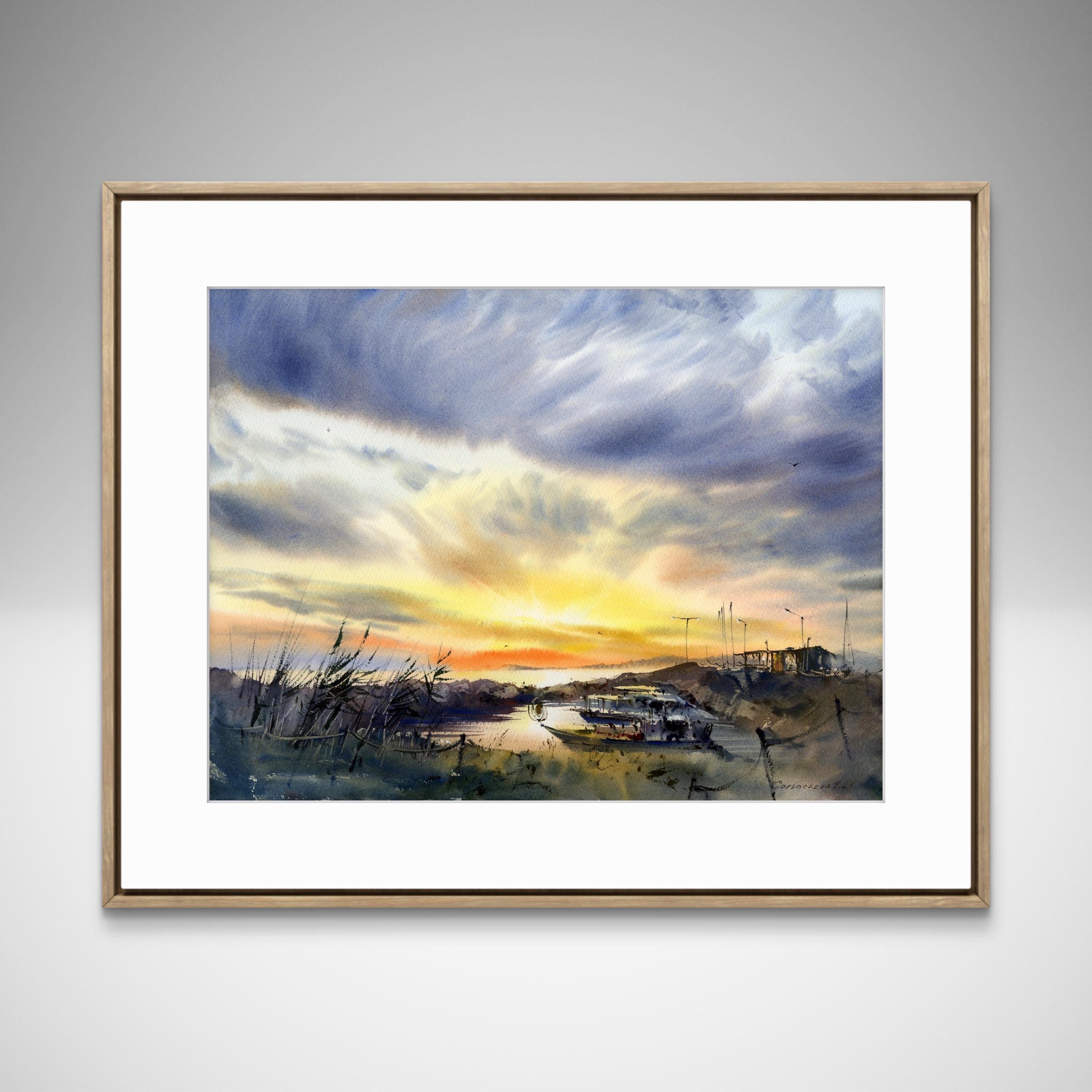 漁船桟橋の水彩画 - 黄色い夕焼けの風景 - オリジナル絵画 - Etsy 日本