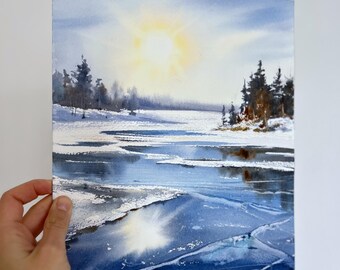オリジナルウィンターレイク水彩画、日光に照らされた氷のアート 9x12