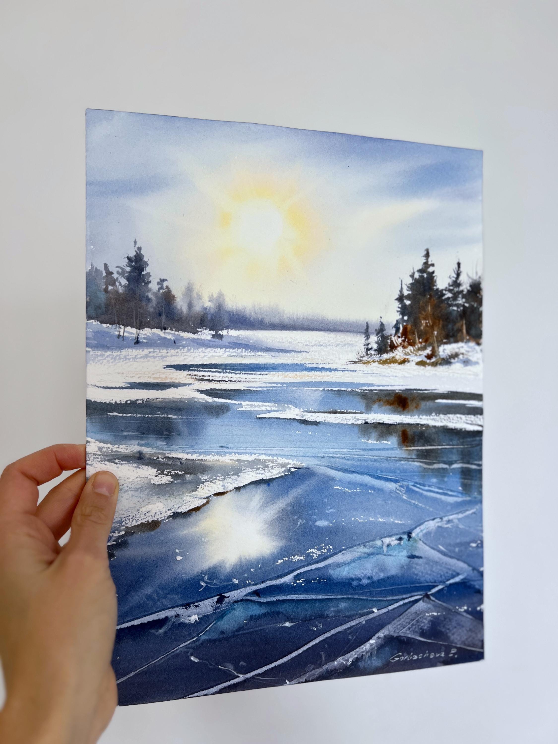 絵画「凍てつく朝」　水彩画 オリジナルウィンターレイク水彩画、日光に照らされた氷のアート 9x12