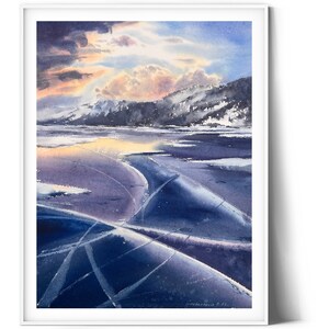 Lake Baikal Watercolor Painting: Winter Siberian Landscape Art (12x16 in)