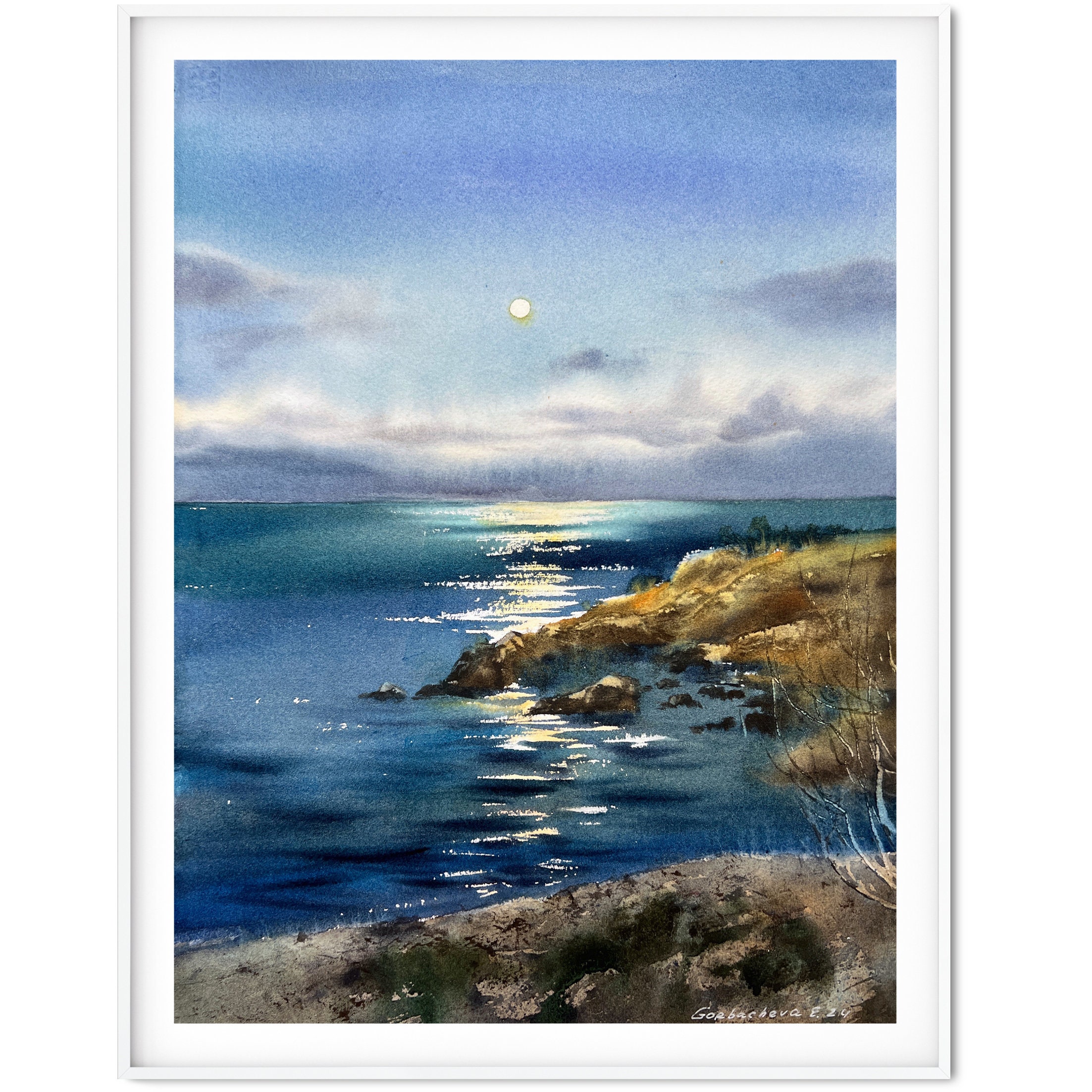 海岸の満月を描いた水彩画：海景ウォールアート（11 x 15インチ
