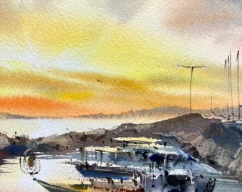 漁船桟橋の水彩画 - 黄色い夕焼けの風景 - オリジナル絵画 - Etsy 日本