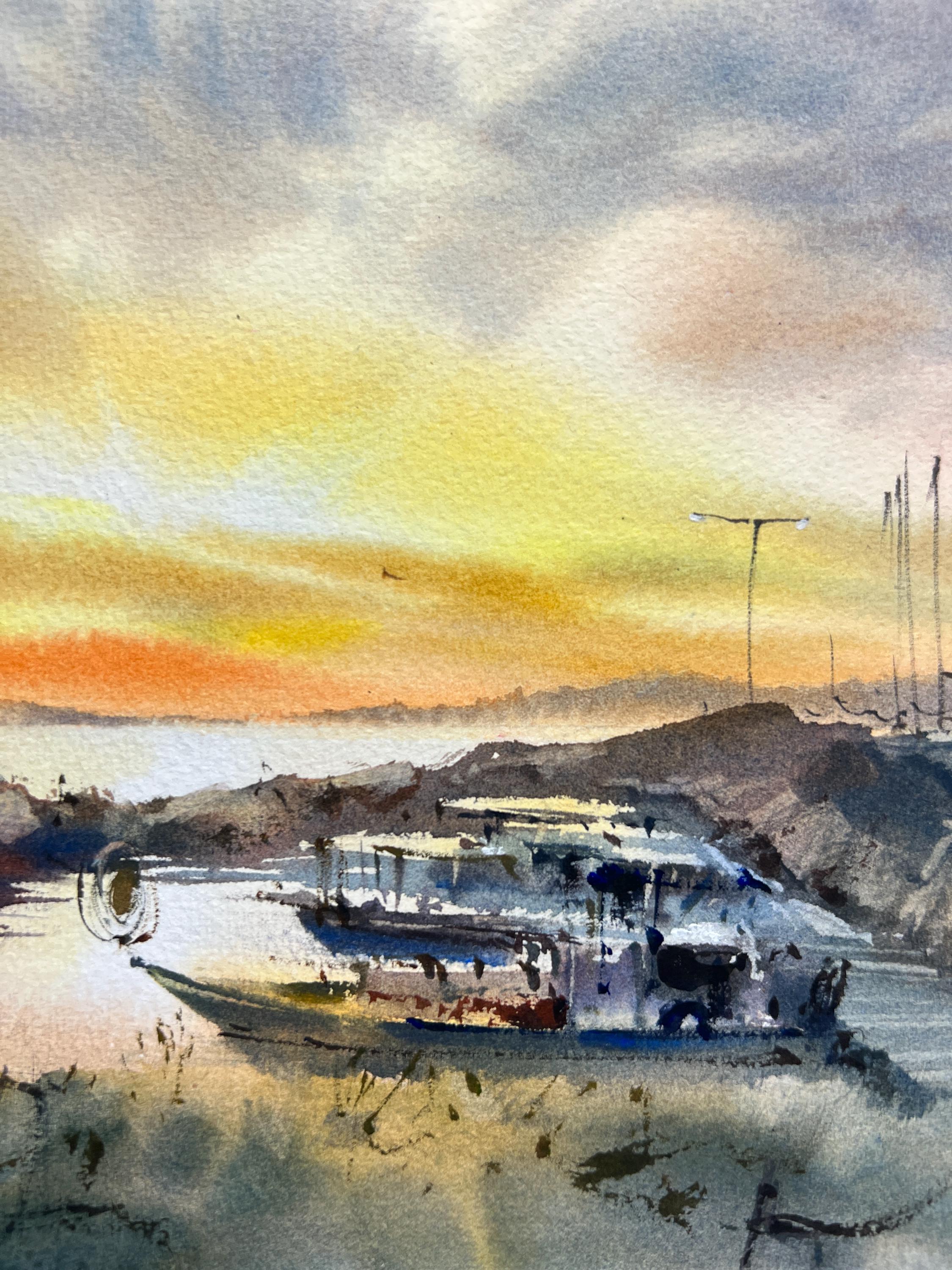漁船桟橋の水彩画 - 黄色い夕焼けの風景 - オリジナル絵画 - Etsy 日本