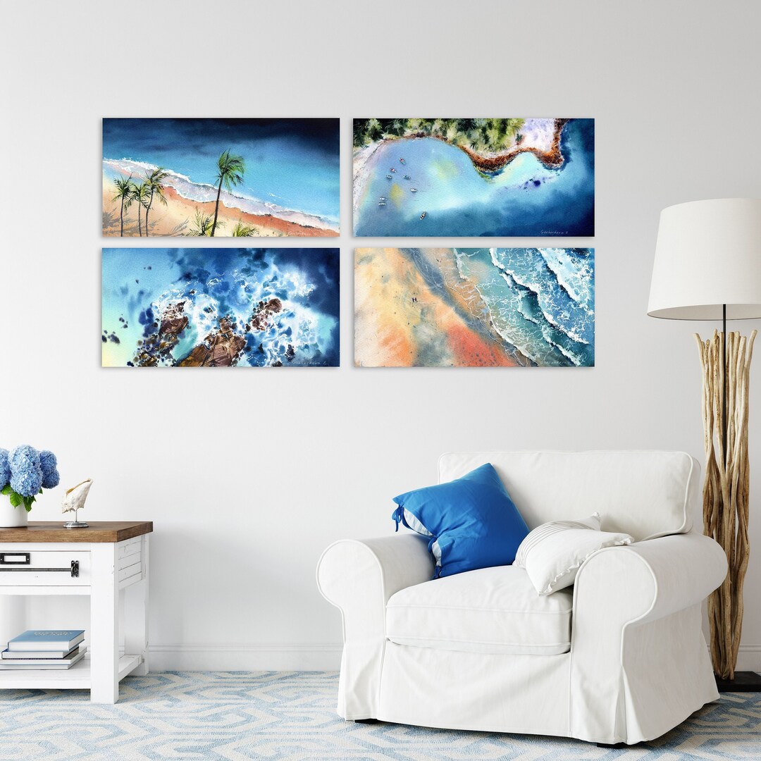 Sea Coastal Gallery Wall Art, Set of 4 Beach Panorama Prints, Canvas