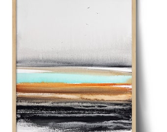 ユニークな水彩画 - 濃いオレンジとターコイズブルーの川の抽象画