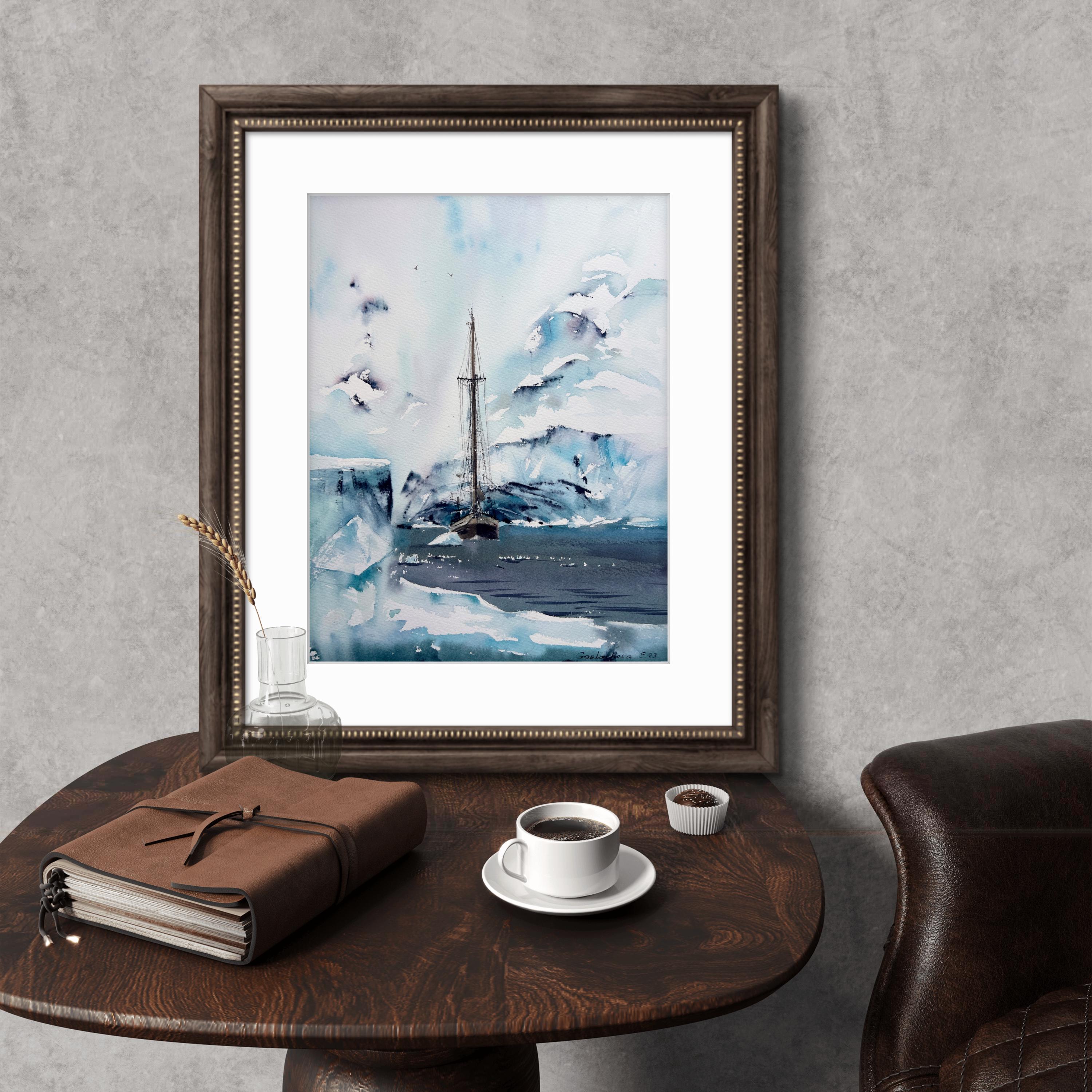 北極海の風景水彩画：グリーンランドの氷山アート（11 x 15インチ