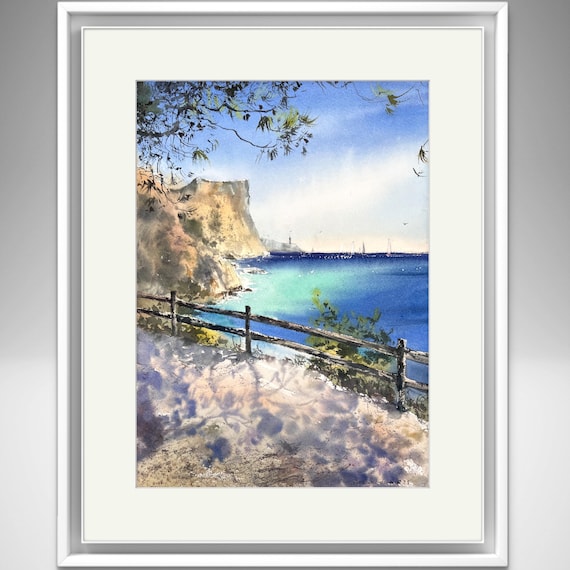 海岸の風景 水彩画 アート作品 オリジナルの海景水彩画：海岸の壁飾り、ビーチの装飾 - Etsy 日本
