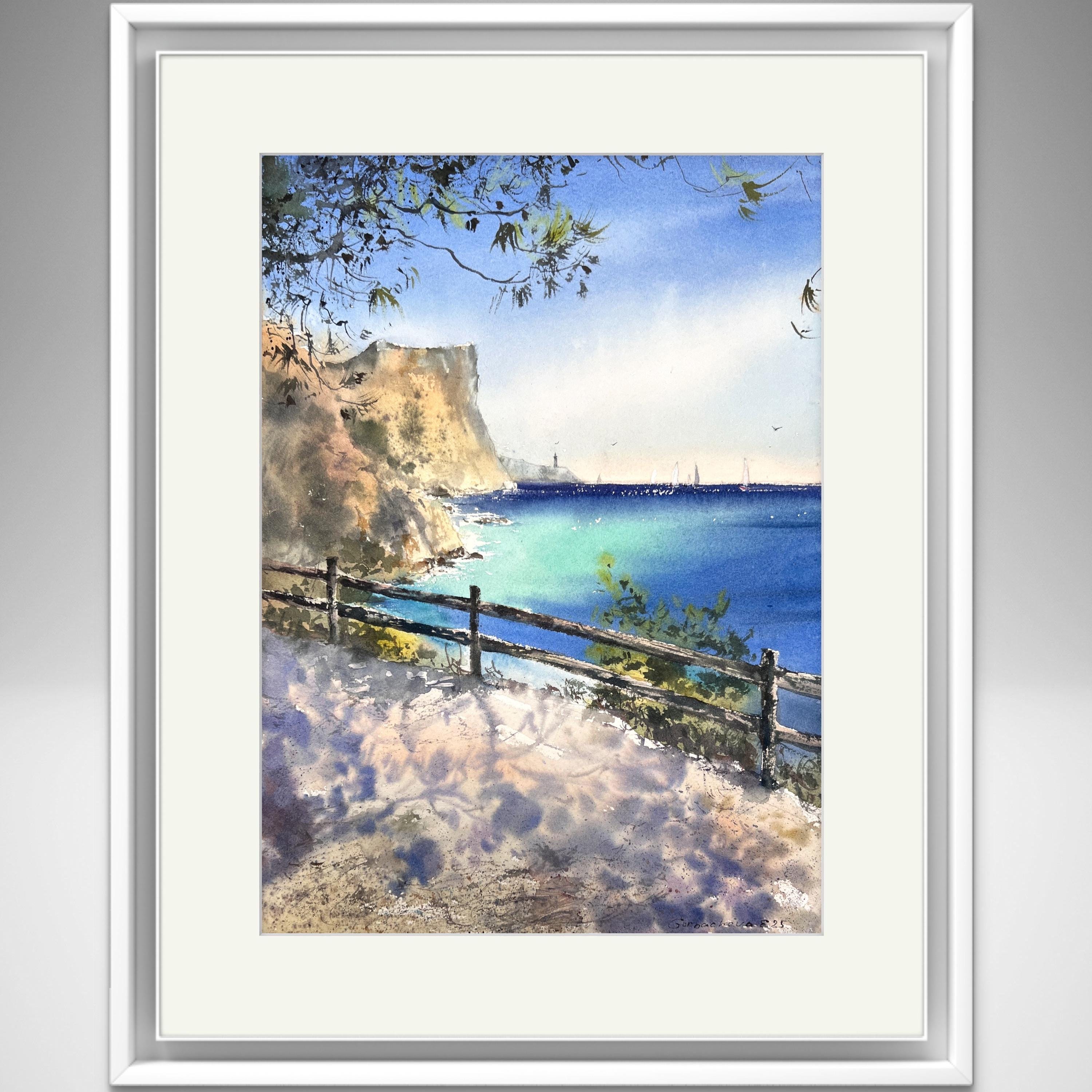 オリジナルの海景水彩画：海岸の壁飾り、ビーチの装飾 - Etsy 日本