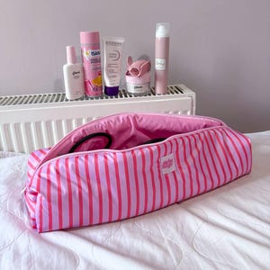 Pink Waterproof Hair Tool Bag: Striped Pinky Travel Organizer, Dyson Airwrap Compatible