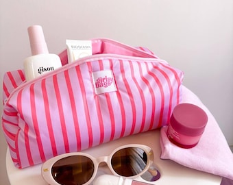 Pink Striped Makeup Bag: Waterproof Travel Toiletry Organizer