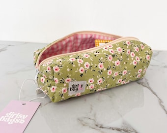 Green Floral Pencil Case - Quilted Pencil Case - Small Pencil Case - Green Pencil Pouch - Green Zipper Pouch