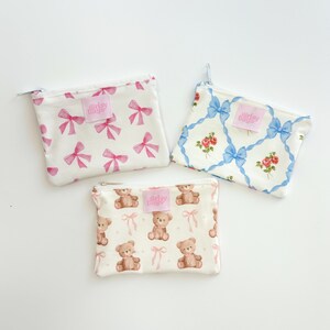 Porte-monnaie rose avec noeud - Porte-monnaie lavable bleu - Mini portefeuille petite pochette avec fermeture à glissière - Porte-cartes de 5 x 4 pouces - Petite trousse de maquillage - Porte-monnaie motif ours
