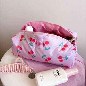 Pink Cherry Makeup Bag - Waterproof Cosmetic Bag - Large Capacity Toiletry Bag - Cute makeup bag Zipper Travel Bag - Quilted Cosmetic Bags
