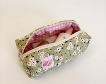 Green Floral Pencil Case - Quilted Pencil Case - Small Pencil Case - Green Pencil Pouch - Green Zipper Pouch