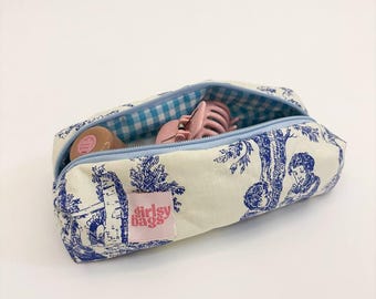 Blue Toile Pattern Pencil Case - Blue Quilted Pencil Case - Small Pencil Case - Blue Pencil Pouch - Blue Zipper Pouch