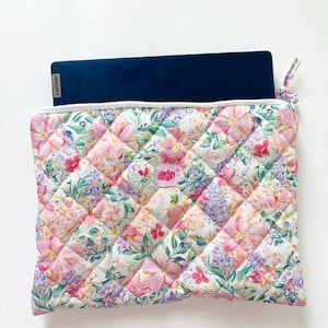 Funda acolchada floral para portátil - Funda para iPad - Funda acolchada para portátil - Funda blanca para MacBook - Bolso forrado para portátil - Funda para portátil de 13, 14 y 15 pulgadas