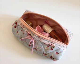 Floral Pencil Case - Quilted Pencil Case - Small Pencil Case - Blue Pencil Pouch - Pink Zipper Pouch - Coquette Pencil Case with Bow