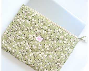 Floral Quilted Laptop Sleeve - iPad tablet sleeve - Puffy Laptop Case - Green Sleeve for Macbook- Lined Laptop Bag - Laptop pouch 13” 14”