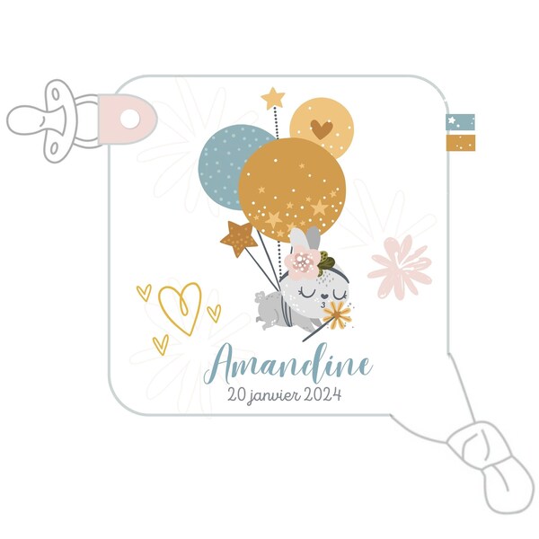 COUPON de tissu illustré - doudou plat - Lapin montgolfiére- personnalisable + Patron taille réel + Tuto pas à pas