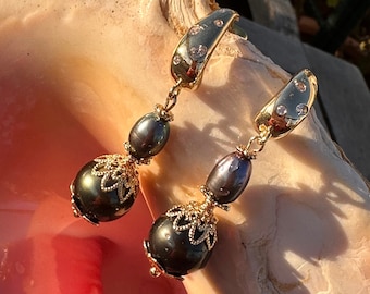 Boucles d’oreilles naturelles de perles tahitiennes noires de 12 mm Boucles d’oreilles pendentes perles Tahiti