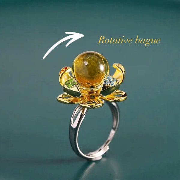 Bague rotative pour femmes, bague en bleu ambre, Bague fleur de Lotus Bague en argent Sterling Bague Anti-Stress Anneau anti-anxiété Amber