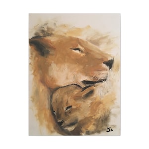 Mother and Child Canvas Gallery Wraps, Oil Pastel, Original Art Print, Printed Wall Art, Impressionism, Lion