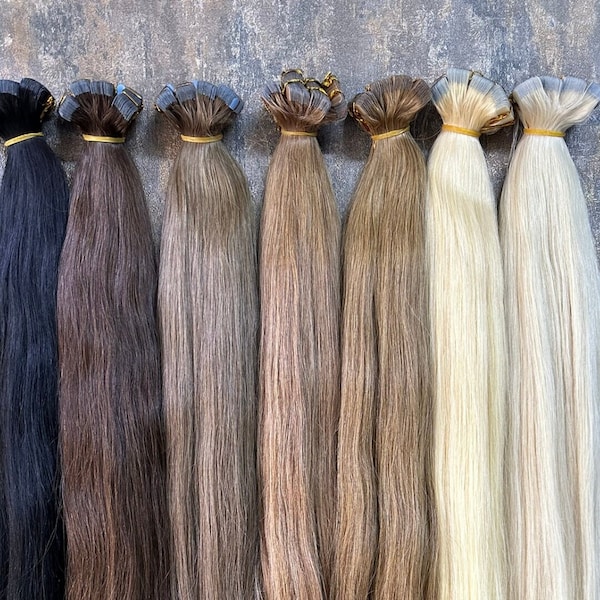 Cheveux humains russes 100 % naturels de qualité supérieure - Double tirage 70 cm / 28 pouces - Disponible en 7 couleurs - Extensions de cheveux à coller